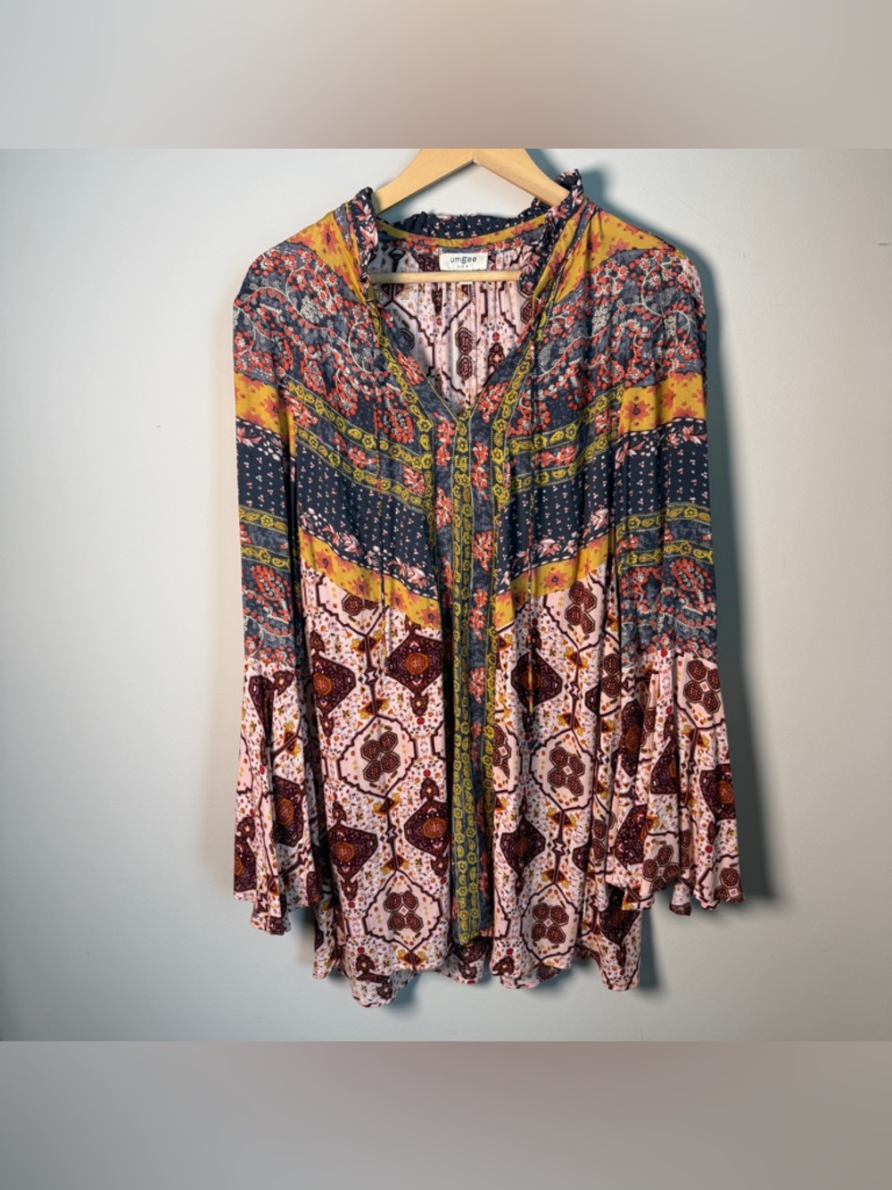 Umgee USA Boho Mixed Print Bell Sleeve Tunic Cottagecore Festival Peasant - M